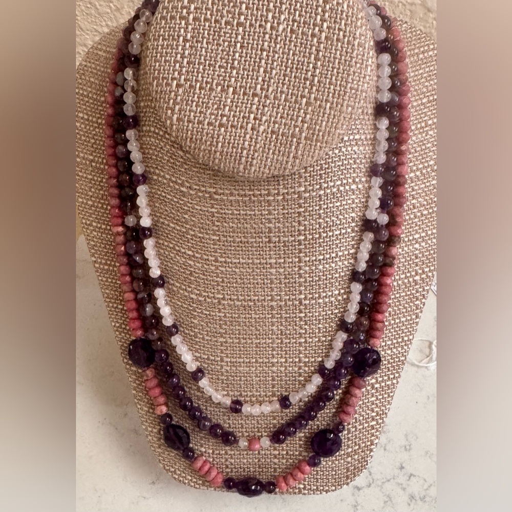 Heart of Hearts. Amethyst, Rhodonite and Rose Quartz & Sterling toggle clasp NWT